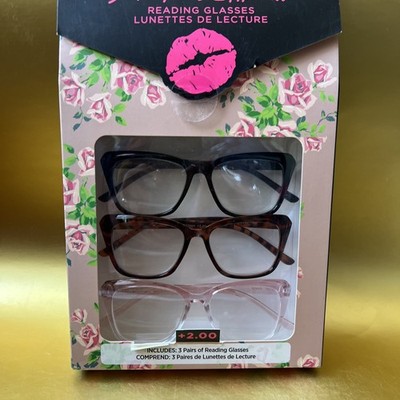 NIB 3 Betsey Johnson Readers CLEAR PINK  TORTOISE BLACK READING Glasses +2.00