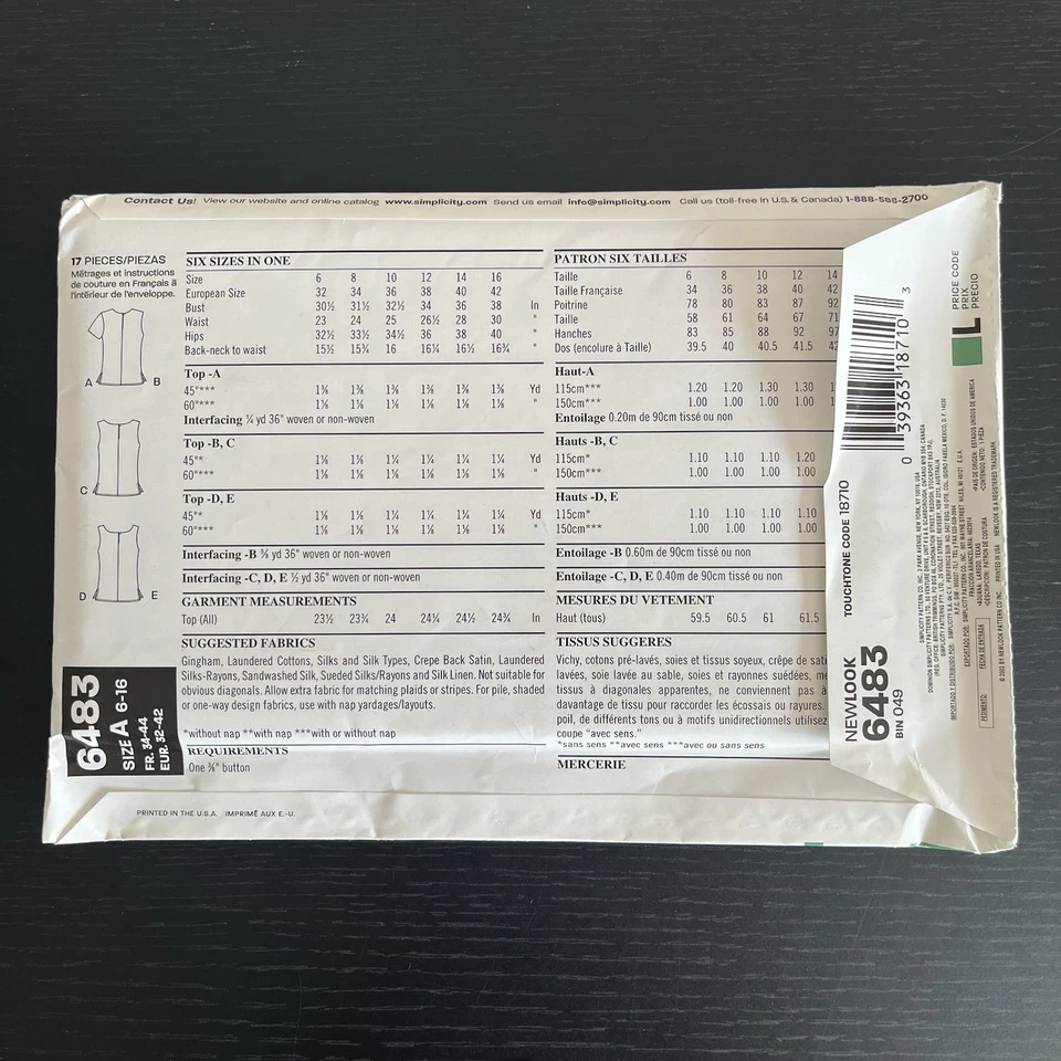 New Look Sewing Pattern 6483 Size 6-16 Tops Sleeveless Short Sleeve 2002 - Image 2 of 4