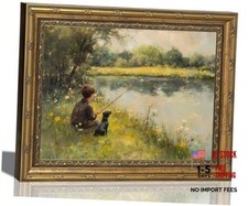 Vintage Gold Framed Wall Art Boy Fishing Country 11"L x 9"W Country Boy