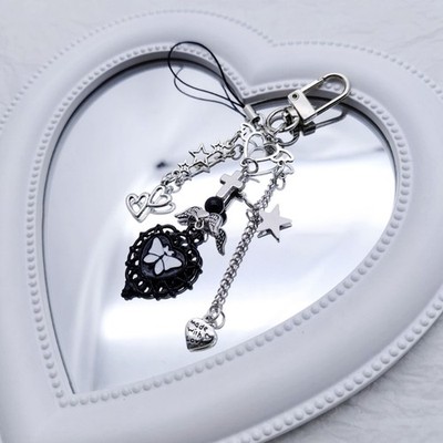 Phone Charm Strap Keychain Cute Keychain Lanyard String Black Cross Heart