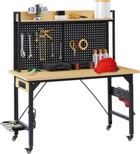 48" Adjustable Height Workbench w/Pegboard, Heavy Duty Wood Top,Rolling,2000 LBS