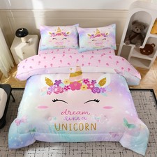 Girls Unicorn Bedding Twin,Twin Bedding Sets for Girls with Butterfly and Flo...