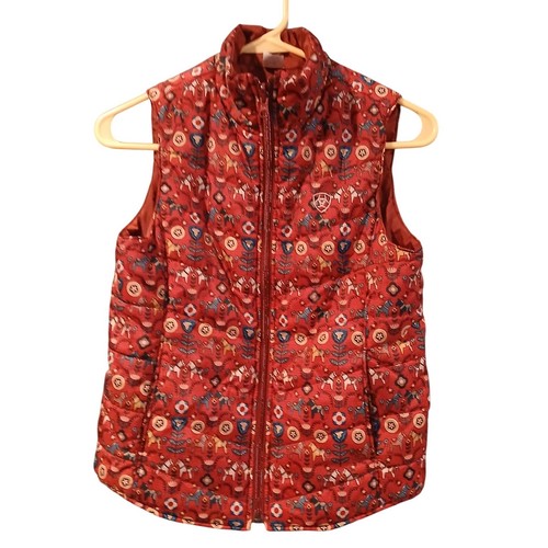 Ariat Reversible Youth Quilted Puffer Vest Red Horse Floral Print Size L 12