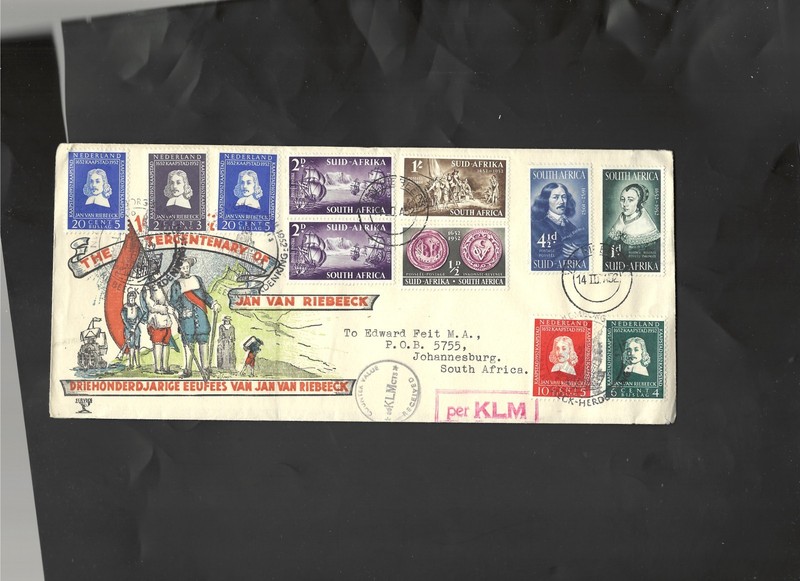 NETHERLANDS-COVER-FDC-1952-JAN VAN RIEBEK --TIED TO SA ISSUE-AIR KLM-F-#50