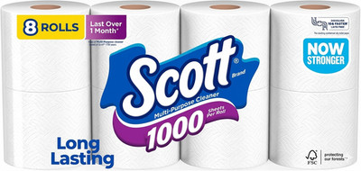 Scott 1000 Toilet Paper, 8 Rolls, Septic-Safe, 1-Ply Toilet Tissue