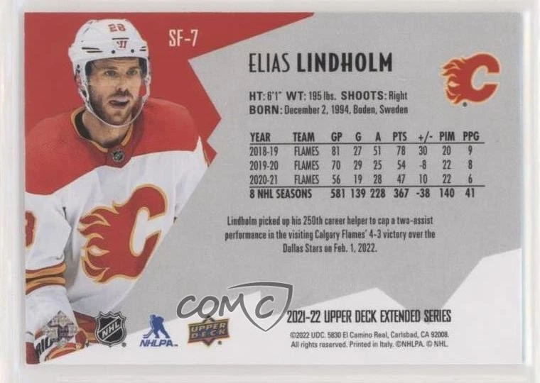 2021-22 Upper Deck Extended Series SPx Finite Radiance /799 Elias Lindholm #SF-7 - Image 2 of 2