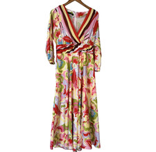 Teri Jon Dress Womens 8 Multicolor Floral Maxi 3/4 Sleeve Ruched V Neck Lined
