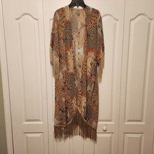 Boho Fringe Cardigan Kimono Tribal Aztec Festival Hippie Duster OS Brown Beige