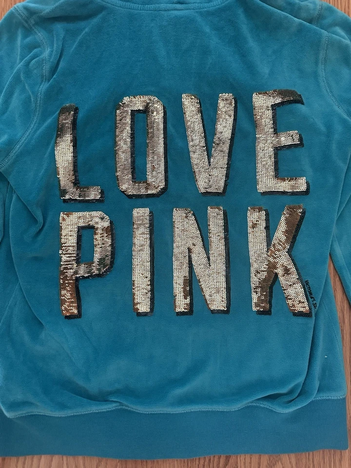 Victoria’s Secret Pink Vintage Blue Velour Sequin Gold Bling Hoodie S - Image 3 of 4