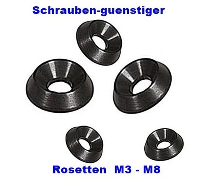 Rosetten Vollmetall  für Senkkopfschrauben  M3 M4 M5 M6 M8  Edelstahl Schwarz  