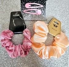 Pink Scrunchie Set, Peach Velvet  Satin Scrunchies, Snap Barrettes, Girls,Women
