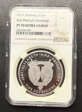 Alderney 2017 Platinum 5 Sovereigns NGC PF70UC First Platinum Sovereign