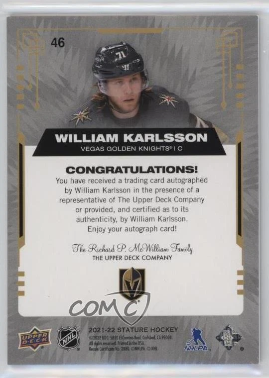 2021-22 Upper Deck Stature Auto William Karlsson #46 Auto - Image 2 of 2