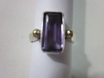 925 STERLING AMETHYST RING Brass & Etched Details ~ SIZE 7