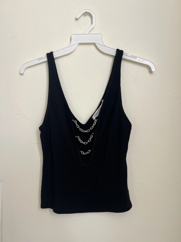 Black Ribbed Crop Top Deep V With Silver Chain Detail Size Small - Image 4 of 4