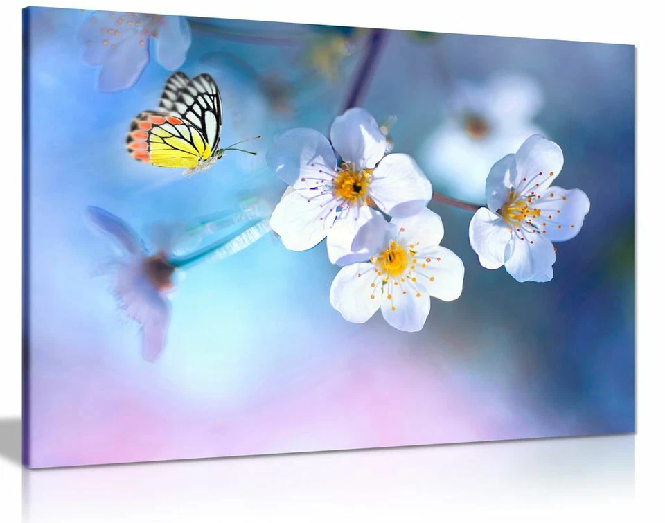 Belle impression d'art mural sur toile papillon fleurs blanches