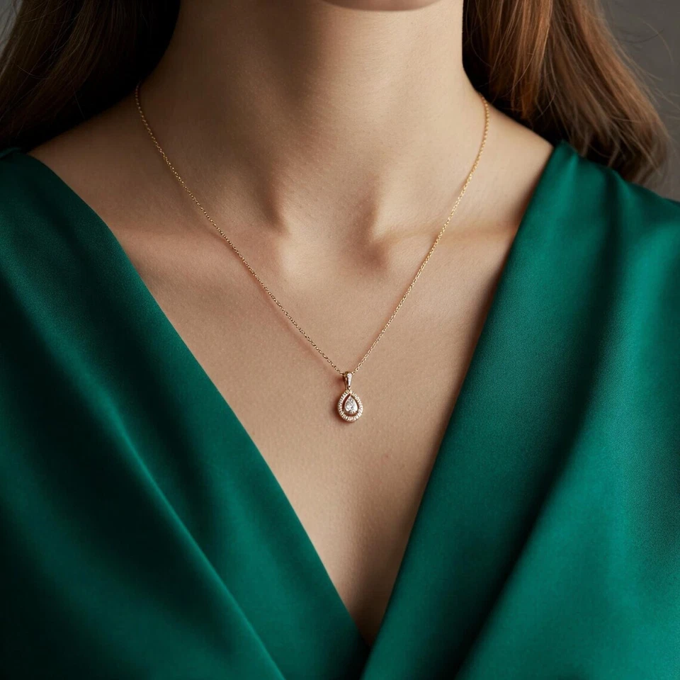 Collar con colgante de circonita cúbica halo lágrima corte pera oro amarillo macizo real de 14K 18 pulgadas Foto 2 de 4