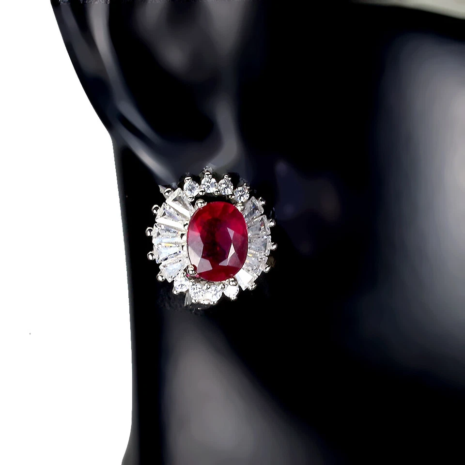 Orecchini In Argento Sterling 925 Ovale Rubino 8x6mm Pietra Preziosa Naturale - Immagine 2 di 4