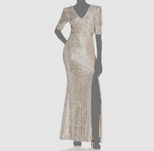  288 Aqua Dresses Women's Beige Sequined Double V-Neck Formal Dress Size 2