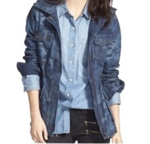 Treasure & Bond Women’s XS Blue Camo Cargo Utility Jacket Zip Front Hood Size XS