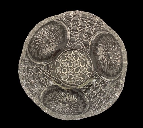 Cut Glass Etched Crystal Serving Bowl Pinwheel Button Hexagon Diamond Pattern 8” - Picture 3 of 9