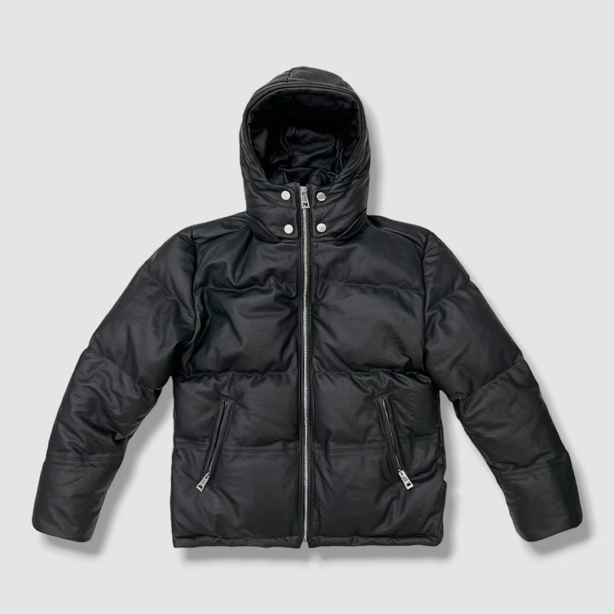1800 Purple Brand Men s Black Leather Down Hooded Quilted Puffer Jacket Size XL