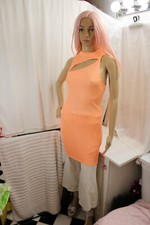 Women's Orange Ribbed Polyester Sleeveless Breast Cutout Crew Neck Minidress
