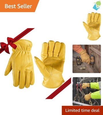 Insulated Cowhide Leather Work Gloves for Men - 100g Thinsulate, Yellow, Large