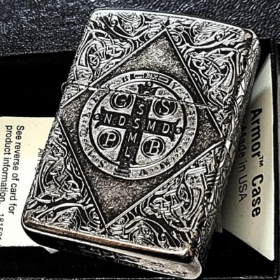 Zippo Armor Case Benedict Cross Silver Ibushi 4 Sided Etching Lighter Japan