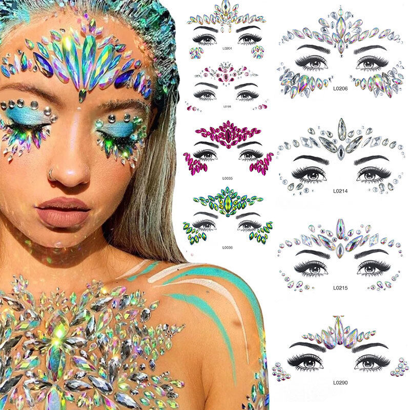 Kawell 6 Pcs Music Festival Face Jewels, Rhinestone Rave Face Gems Glitter,Crystal Birthday Party Festival Face Sticker, Eyes Face Body Temporary Tattoos for