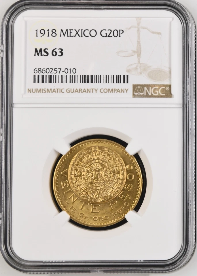 1918 Mexico 20 peso Gold Coin NGC MS63 Mint State Great Luster Tough Early Type! - Image 2 of 4