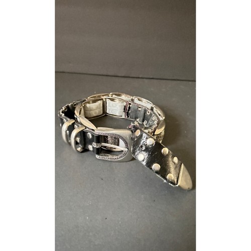 Vintage Silver Tone Belt Buckle Studded Black Leather Belt Fashion Accessory - Picture 3 of 13