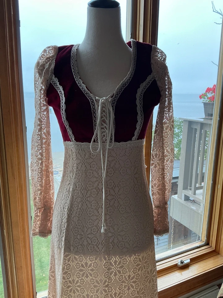 Genuine Gunne Sax Velvet & Lace Dress Vtg 70s Jessica McClintock Prairie #896E - Image 3 of 4