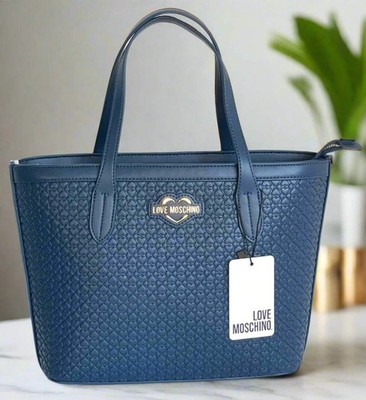 Love Moschino Valentina Small Tote Blue Hearts Faux Leather Shopper Bag