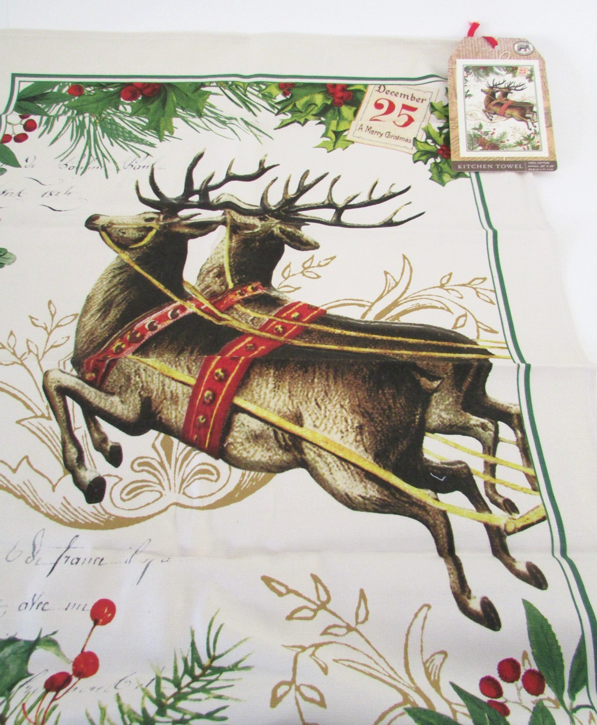 Michel Design Works Christmas Red Reindeer & Holly Cotton Kitchen Towel NWT