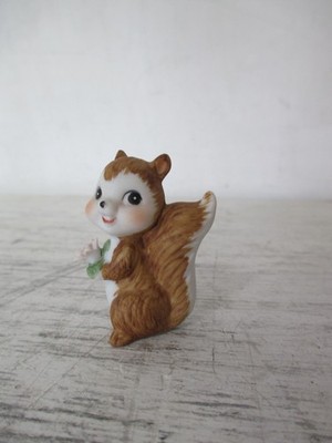 Vintage Squirrel Holding Flower Figurine Bisque 2'' Big Eyes Super Cute