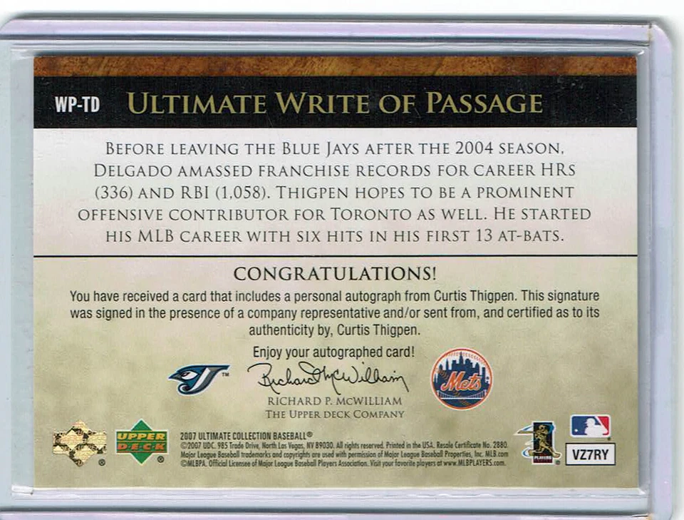 2007 Ultimate Collection Write of Passage 54/60 Curtis Thigpen #WP-TD Auto - Image 3 of 3