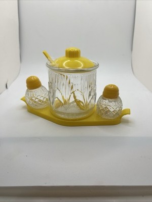 Vtg Medco Condiment Set Yellow Glass Sugar S&P  W/Spoon Nostalgia Grandmas Table