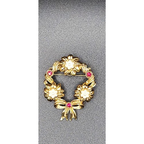 Vintage Avon Gold Tone Floral Wreath Brooch Faux Pearls Red Rhinestones Bow