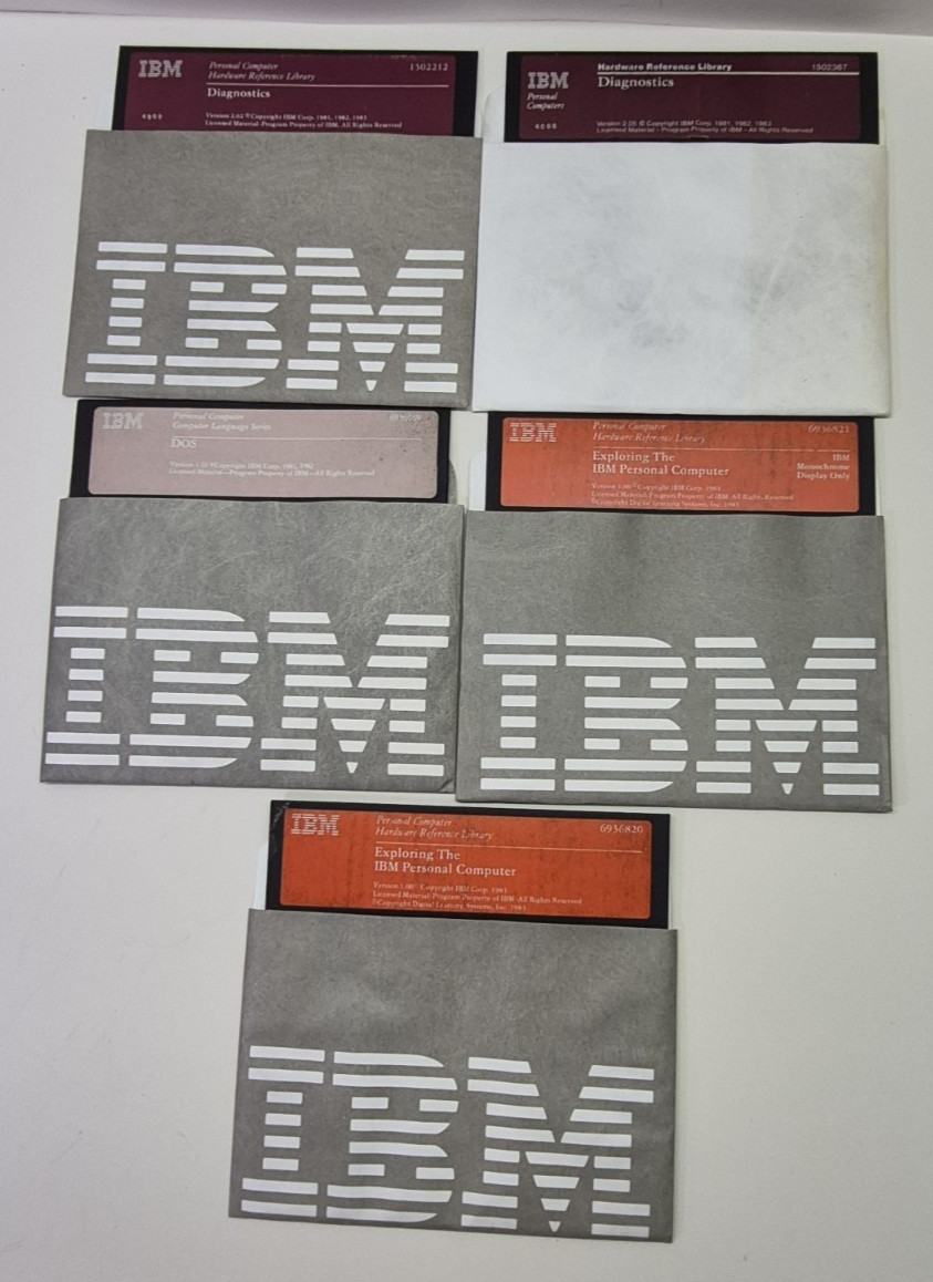 IBM PC 5150 Set of 5 Disks Lot 5.25" DOS 1.10, Exploring IBM PC, Diagnostics.