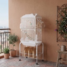 Spacious Metal Bird Cage with Wheels Perches White 43in Small Medium Parrots