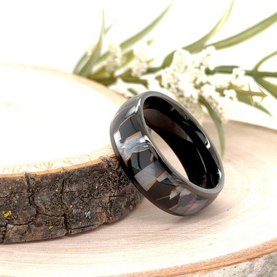 8mm Shiny Black Tungsten Christmas Gift Ring Unisex Geometric Pattern Inlay Band