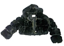 Azalea Wang Faux Fur Black Crop Jacket Womens Size M Bubble Sleeves Hooded Coat