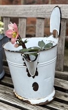 Vintage Milk Jug Pail Enamel Water Bucket Floral Display Garden Decor White/ ONE