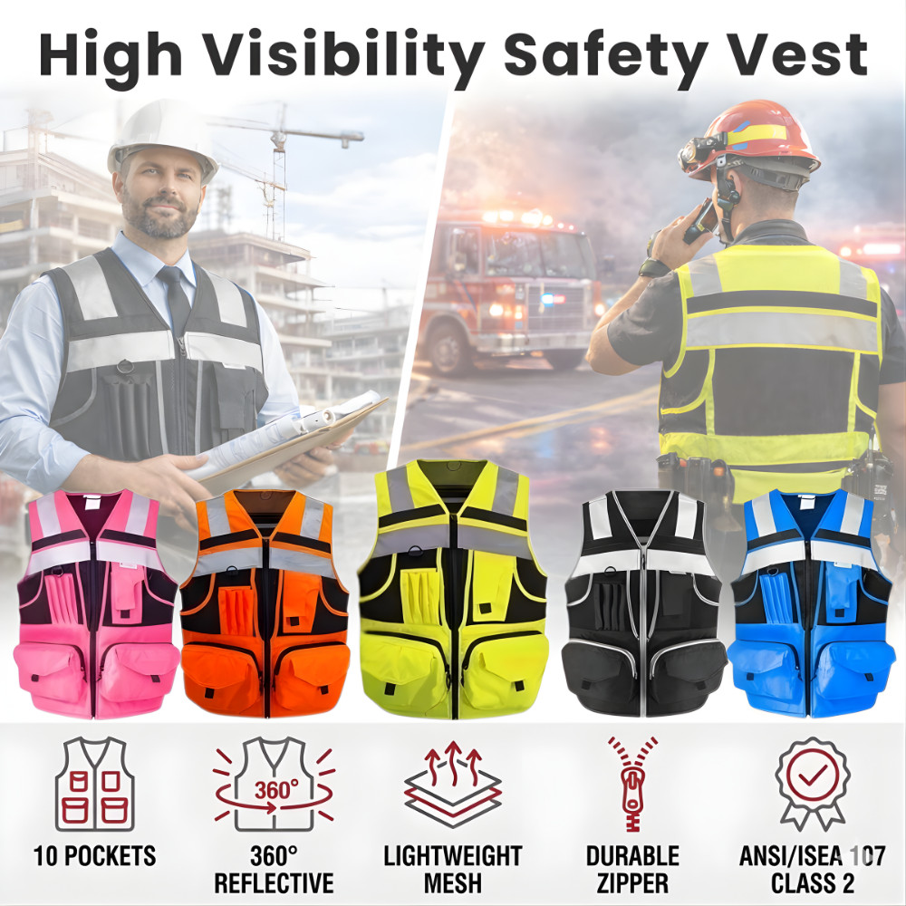 Hi vis safety vest reflective 10 pockets zipper construction work gear mesh ansi