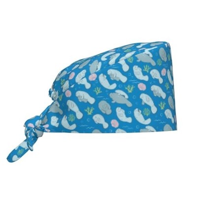 Dental Tooth Care Scrub Caps with Sweatband Adjustable Manatees and Algae
