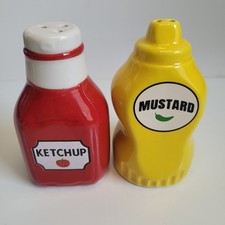 Unique Ketchup and Mustard Salt  Pepper Shakers Ceramic Fun See Descript 