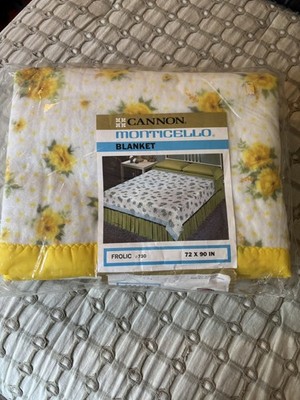 Vintage Cannon Monticello Frolic Yellow Floral Blanket 72x90 100% Polyester MCM