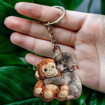 Viral Punch Monkey Wooden Keychain, Cute Baby Monkey with Plush