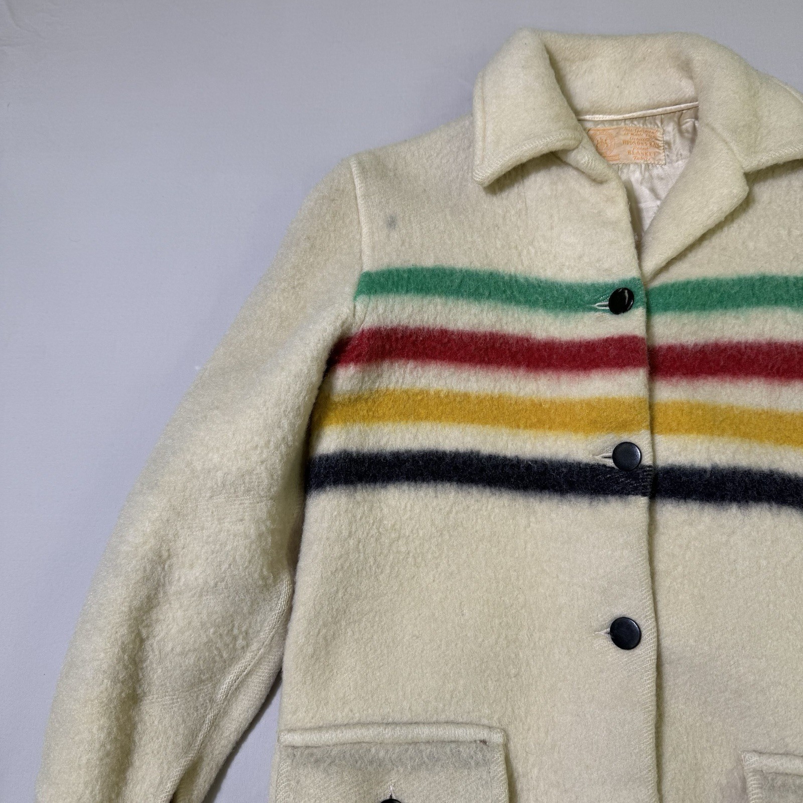 VTG Hudson's Bay Co Wool Point Blanket Jacket Coat Rainbow Stripes 50s 60s